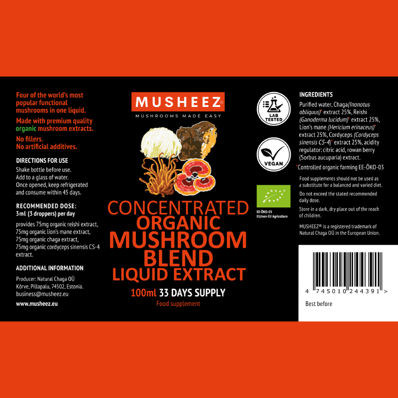 Front label of the MUSHEEZ Organic Mushroom Blend Liquid Extract 100 ml bottle listing lion's mane, reishi, chaga and cordyceps