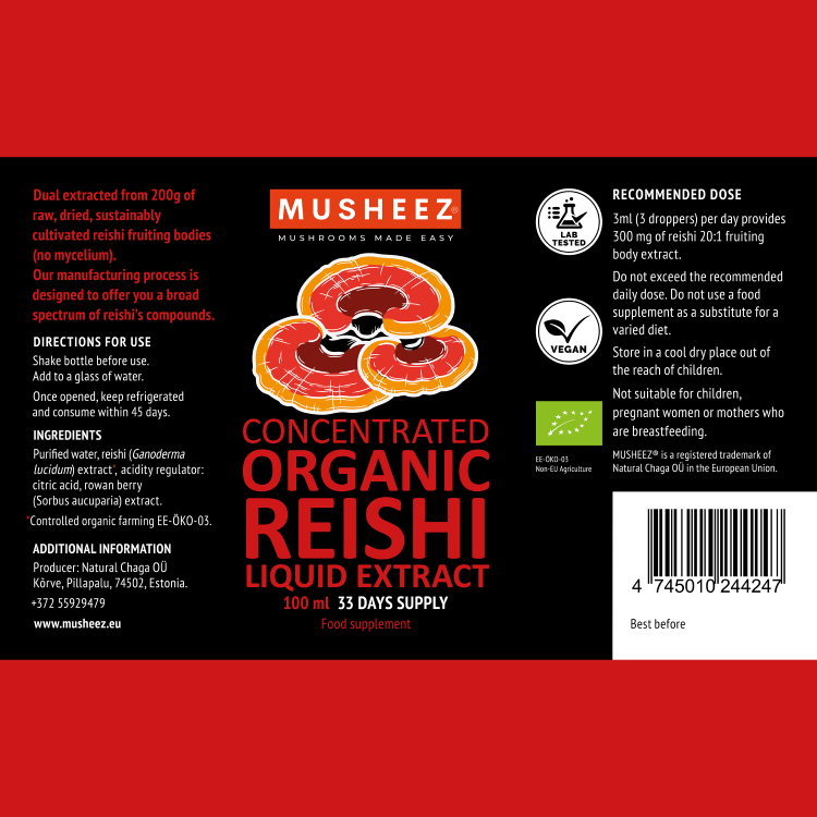 Front label of the MUSHEEZ Organic Reishi Liquid Extract 100 ml bottle showing ingredients and organic certification