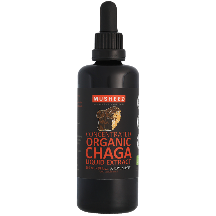 MUSHEEZ Organic Chaga Liquid Extract 100 ml Miron violet glass dropper bottle with white label