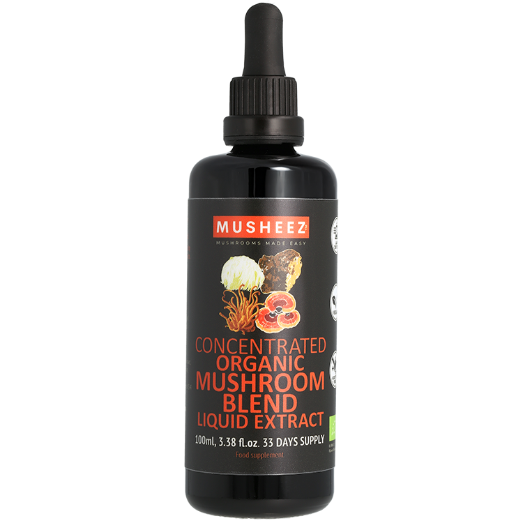 MUSHEEZ Organic Mushroom Blend Liquid Extract 100 ml Miron violet glass dropper bottle with white label