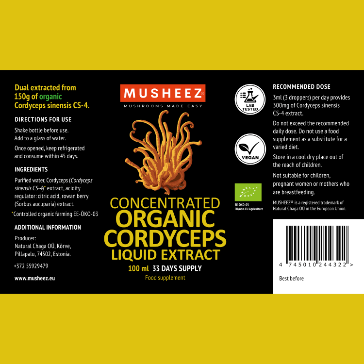 Front label of the MUSHEEZ Organic Cordyceps Sinensis CS-4 Liquid Extract 100 ml bottle showing ingredients and organic certification