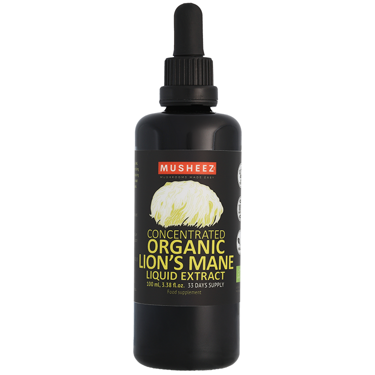 MUSHEEZ Organic Lion's Mane Liquid Extract 100 ml Miron violet glass dropper bottle with white label