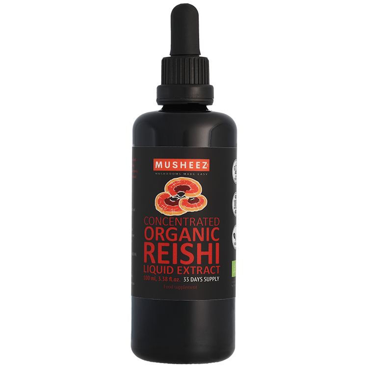 MUSHEEZ Organic Reishi Liquid Extract 100 ml Miron violet glass dropper bottle with white label