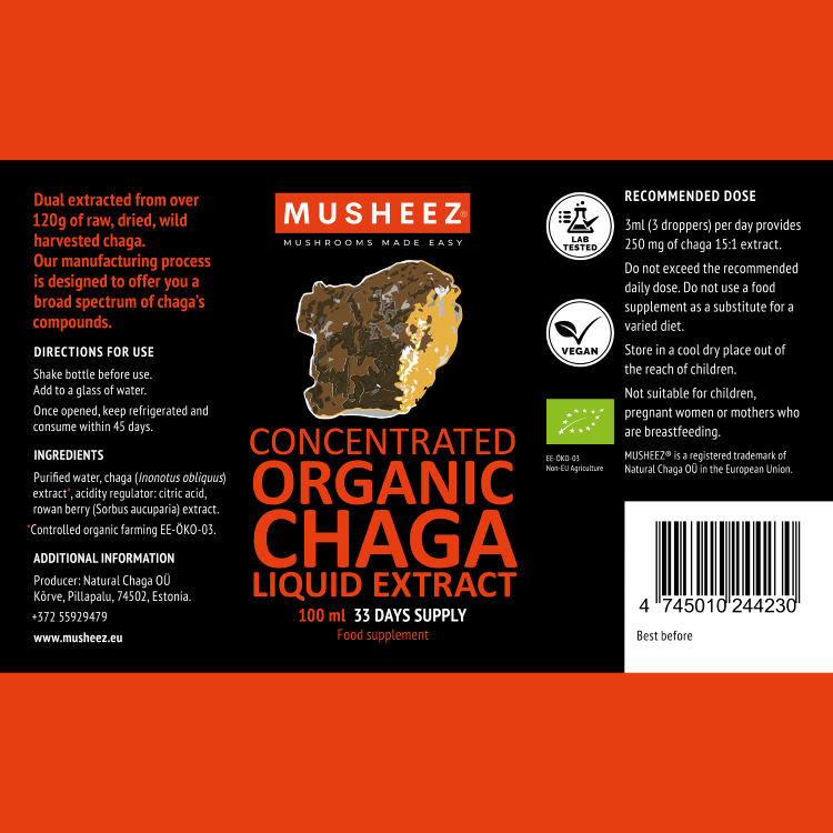 Front label of the MUSHEEZ Organic Chaga Liquid Extract 100 ml bottle showing ingredients and organic certification