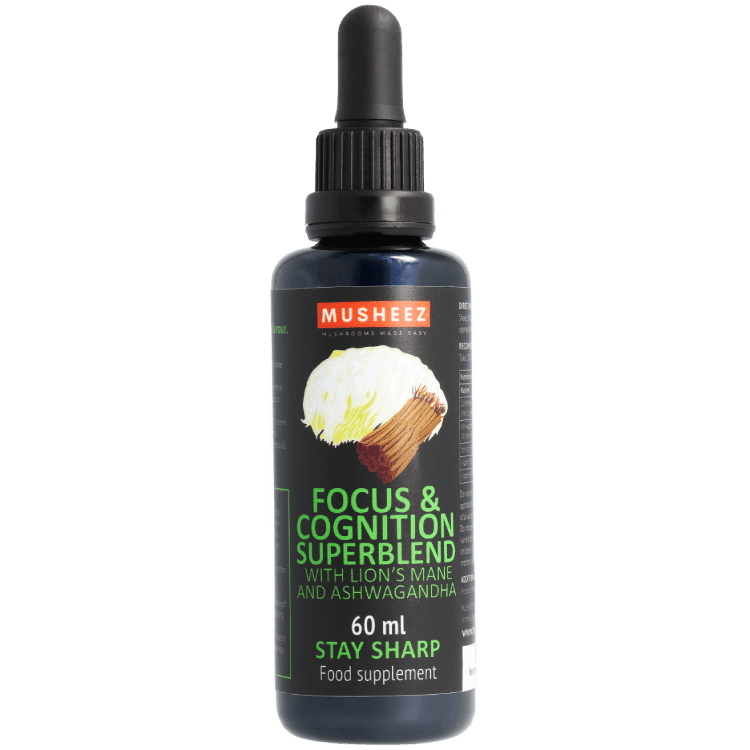MUSHEEZ Focus and Cognition Superblend with Lion's Mane and Ashwagandha 60 ml bottle with dosing pipette