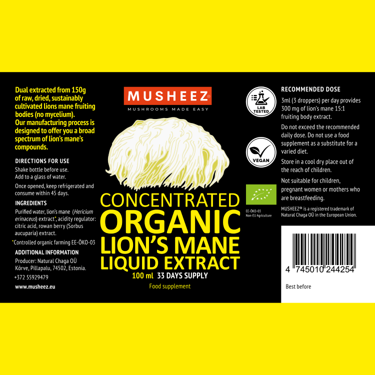 Front label of the MUSHEEZ Organic Lion's Mane Liquid Extract 100 ml bottle showing ingredients and organic certification