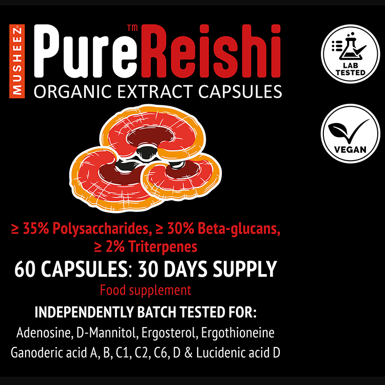 Close-up of MUSHEEZ PureReishi organic reishi extract capsules